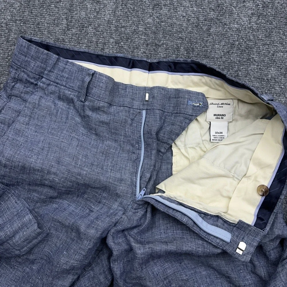 Baird McNutt Murano Linen Pants Men's 32x34 Blue Chambray Slim Fit Trouser Beach